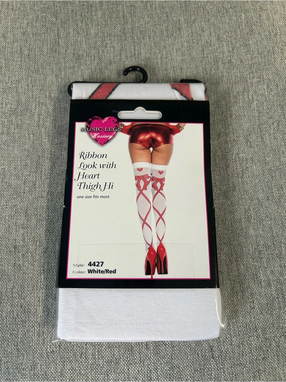 Music Legs White Thigh Highs with Red Ribbon Heart Detail
